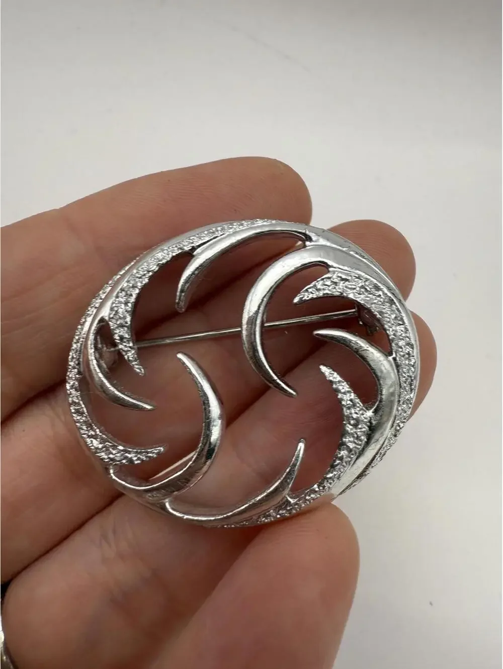 Silver Tone Textured Crescent Brooch Pin Sarah Coventry